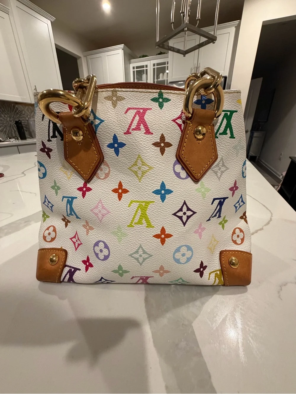Louis Vuitton White Multicolor Monogram Satchel with Tan Handles - Picture 2 of 7